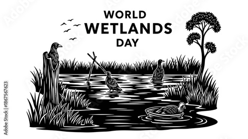 World Wetlands Day celebration with diverse wildlife illustration