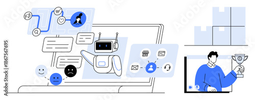 AI-powered chatbot engages users with conversation flows, mood analysis, and automation tools alongside logistic elements and achievement showcase. Ideal for customer support, AI, automation
