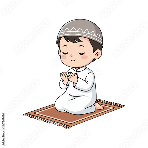 Cartoon Cute Muslim Boy Praying on a Rug Illustration in Islam