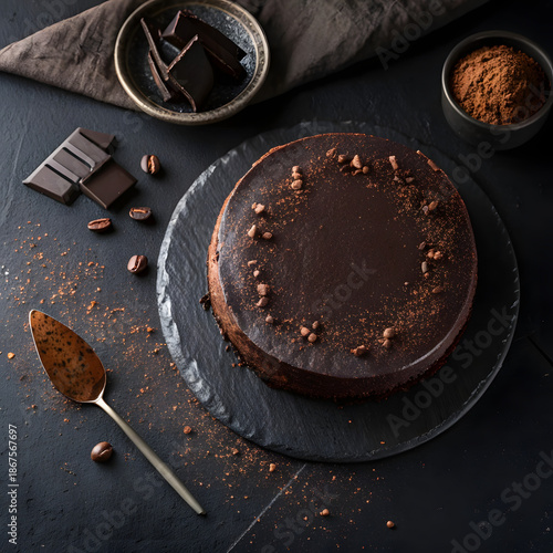 Top View Dark Chocolate Cake Flat Lay on Black Surface
