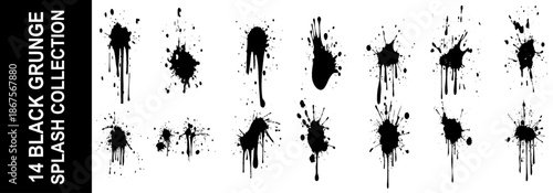 Grunge ink splatter. Splash of paints, spray drops staining and frame with wet paint drop traces  set. Illustration splash and drip design, silhouette blob spray collection