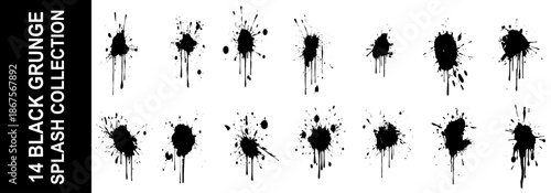 Grunge ink splatter. Splash of paints, spray drops staining and frame with wet paint drop traces  set. Illustration splash and drip design, silhouette blob spray collection