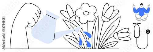 Self-care, growth, wellness, mindfulness, health, balance. Watering plants with a stethoscope and meditating person. Self-care and growth illustrated by nurturing plants and meditation