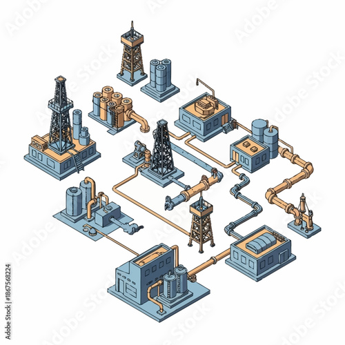 Isometric industrial complex with oil rigs and interconnected pipelines.