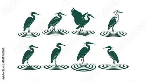 Elegant collection of stylized heron and wading bird icons in various serene poses, ideal for nature, wildlife, or ecological branding and design projects