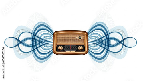 Vintage radio with blue sound waves on white background for music and audio concepts