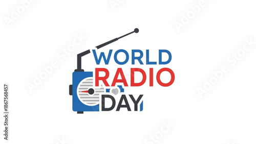 Vibrant world radio day logo with a blue and red radio and antenna on white background