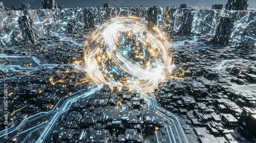 Wallpaper Mural Abstract metaphorical drone shot flying over a glowing integrated circuit landscape with defensive walls protecting a bright centralized core of data technology, privacy, background Torontodigital.ca