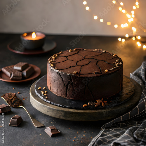 Rustic Dark Chocolate Cake in Cinematic Café Mood
