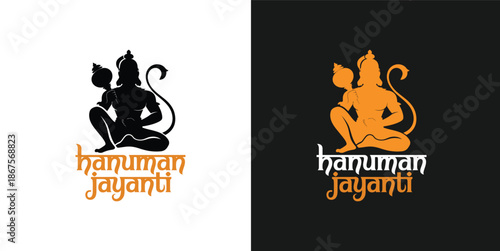 Hanuman jayanti festival logo with monkey god silhouette in black and orange and black backgrounds