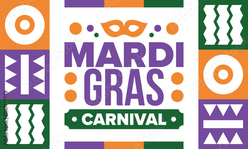 Mardi Gras Carnival in New Orleans. Fat Tuesday. Traditional holiday, celebration annual. Folk festival, costume masquerade, fun party. Carnival mask. Poster, card, banner and background. Vector
