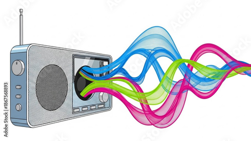 Vibrant colorful waves emerge from a classic portable radio on a clean white background