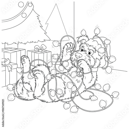 Cute Christmas Dog Tangled in Holiday Lights with Gifts – Festive Line Art Coloring Page for Kids
