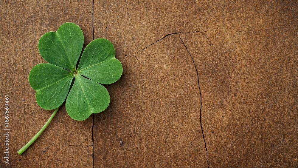 Naklejka premium Four-leaf clover on a wooden surface with a crack. Luck and nature, concept. Herbal and natural elements. The concept of luck and natural environment.