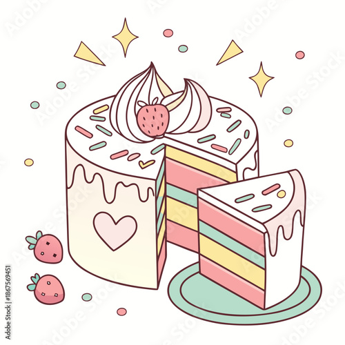 Delicious rainbow cake with strawberries