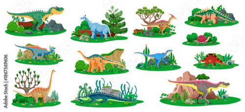 Dinosaurs and prehistoric lizards for kids, vector cartoon dino characters. Dinosaurs of Jurassic era reptiles and prehistoric animal species in jungle forest for kids dino encyclopedia or atlas