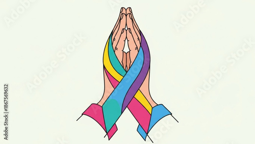 Praying hands wrapped in colorful ribbons symbolizing hope and solidarity in a vibrant illustration