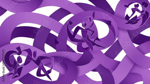 Purple ribbon silhouettes of people dancing and intertwining in a creative abstract design