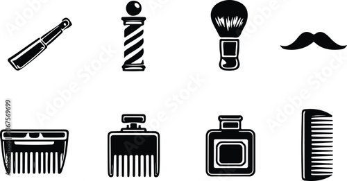 A collection of barber shop icon set featuring electric equipment and vector symbol illustration for business design