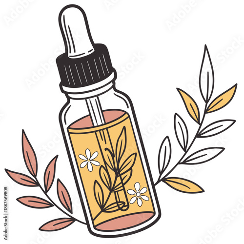 Essential oil bottle with botanical design