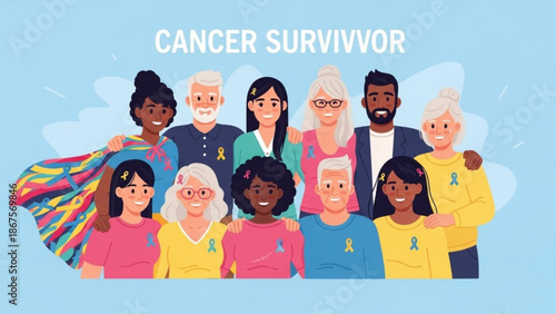 Diverse group of people wearing cancer awareness ribbons standing together