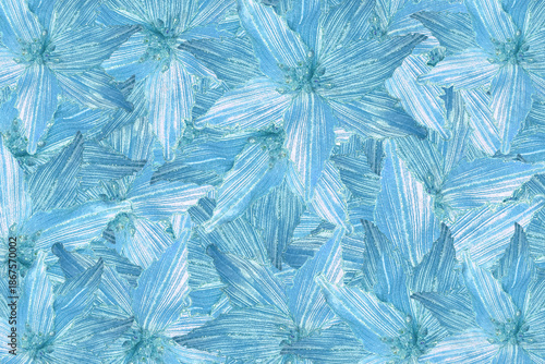 abstract Blue velvet fabric flowers of various sizes are stacked on top of each other as the background, object, decor, fashion, texture, copy space