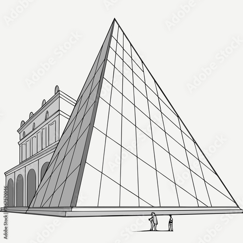 Modern pyramid structure with historic building background