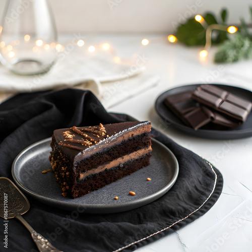 Dark Chocolate Cake Slice on Black Linen Background
