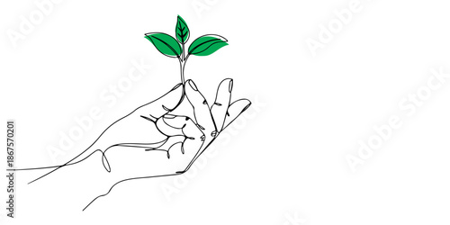 Continuous one line of a hand holding a small growing plant, symbolism of care and growth, drawn vector illustration.