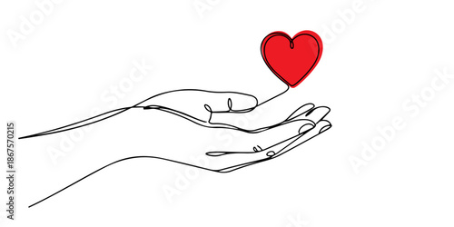 Continuous one line of a hand offering a small heart, generosity theme, drawn vector illustration.