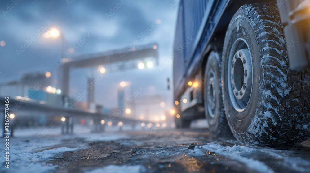 Fototapeta premium Close-up shot of truck wheels and undercarriages in a border queue, packed snow and ice lodged in tire treads, wet asphalt reflecting warning lights, metal barriers and inspection