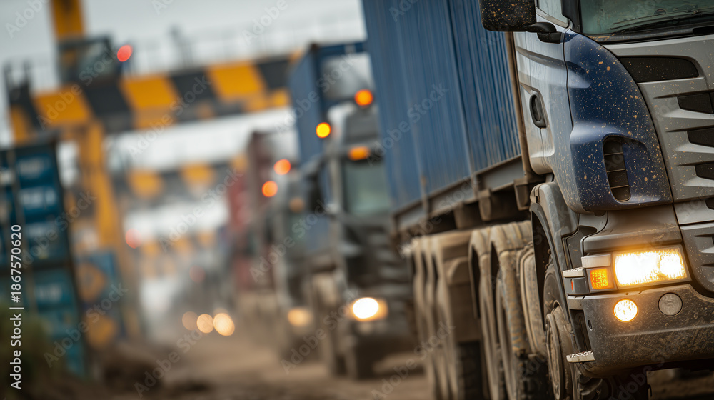 Fototapeta premium Tight close-up perspective along a line of cargo trucks waiting for customs inspection, side mirrors and cabin doors filling the frame, worn paint textures and road dust visible, w