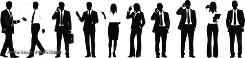Silhouettes of diverse business professionals in formal suits standing with phones, briefcases and folders representing communication, teamwork and corporate success