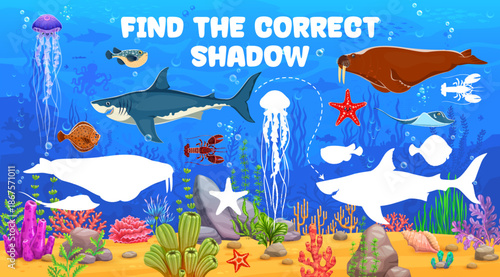 Game worksheet to find correct shadow of sea animals at ocean underwater, vector quiz. Kids cartoon game to find same silhouette of funny shark fish and jellyfish with stingray and starfish