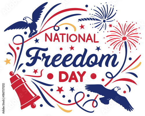 National Freedom Day Vector Artwork Featuring Liberty and American Flag Isolated on White Background