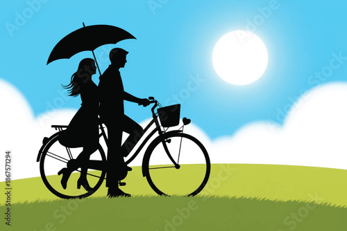 Silhouette of couple riding bicycle on grassy hill under sunny blue sky with umbrella and clouds.