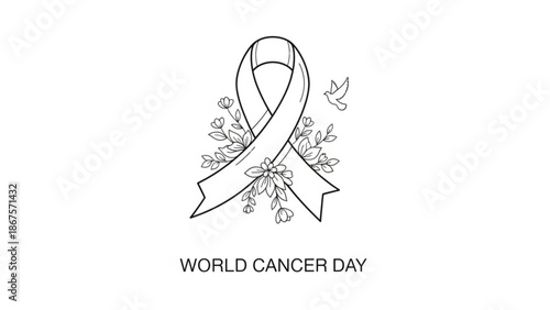World cancer day awareness ribbon with flowers and dove symbolizing hope and support