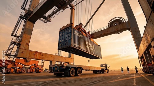 Wallpaper Mural Industrial gantry crane loading a shipping container onto a flatbed truck at a port terminal during sunset, highlighting global logistics and maritime trade. Torontodigital.ca