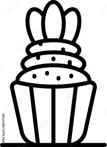 Minimalist vector illustration representing a cupcake with cream and chocolate chips, perfect for bakery and pastry projects