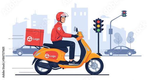 Food delivery rider on scooter in city with traffic lights and skyscrapers in background with courier and logistics and shipping and transportation