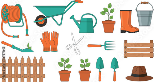 Gardening tools vector illustration set featuring watering can wheelbarrow gloves pots fence boots and outdoor garden equipment