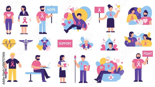 Breast cancer awareness illustrations of people supporting and fighting the disease with hope