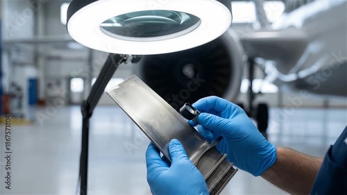 Wallpaper Mural Aviation Technician Inspecting Jet Engine Turbine Blade with Magnifying Glass in Hangar for Quality Control and Maintenance Torontodigital.ca