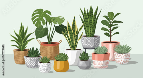 Collection of various potted plants and succulents in decorative pots on a table indoors with indoor plants and houseplants and greenery and botanical