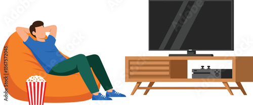 Man relaxing at home vector illustration watching television on bean bag with popcorn modern living room leisure scene