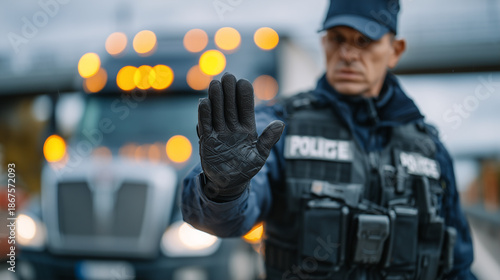 Close-up border control scene with a customs officer halting freight trucks, focused on the officerâs gloved hand and stop signal, blurred trucks and flashing hazard lights behind,