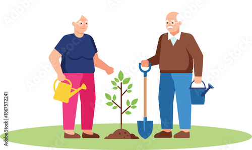 Elderly couple gardening vector illustration showing seniors planting tree watering garden outdoor leisure activity