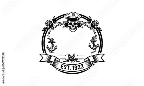 Vintage Nautical Skull and Anchor Emblem with Roses and Banner.