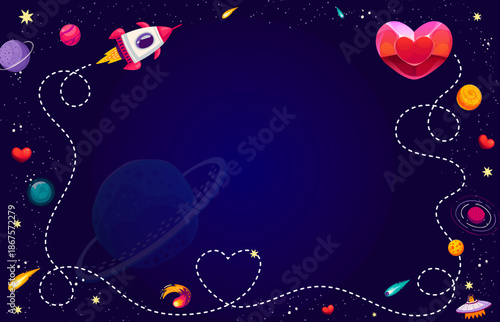 Space rocket starship with path to Valentine love heart for holiday, vector greeting card. Valentine day frame of space rocket shuttle flying to heart of jewel in galaxy with alien UFO and asteroids