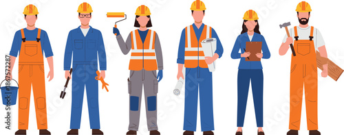 Construction workers vector illustration set featuring builders in uniforms helmets with tools industrial labor professions isolated